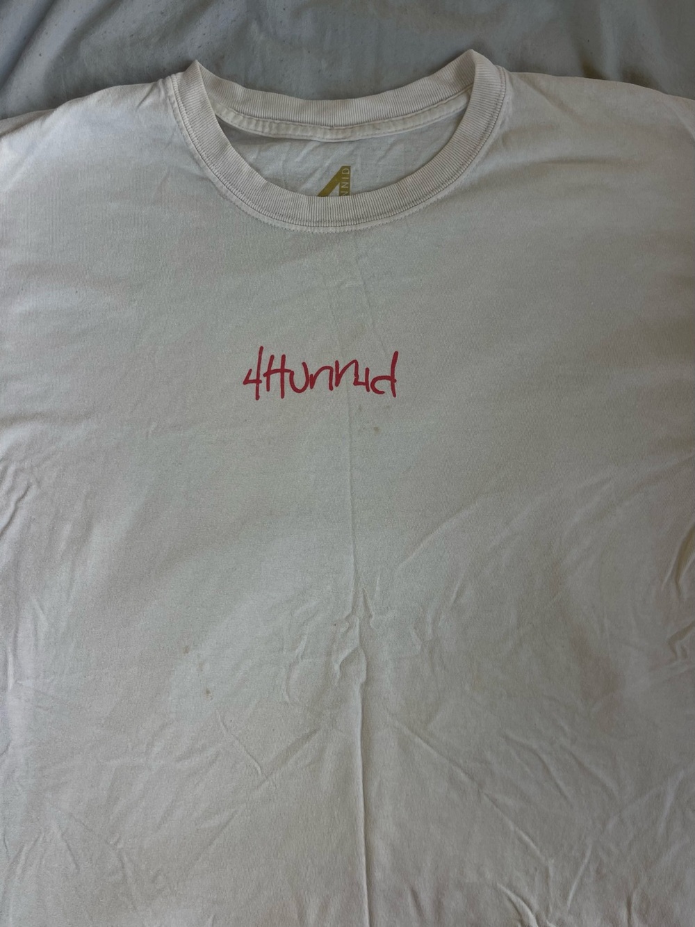 4hunnid White Short Sleeve Tee with Red Script Logo
